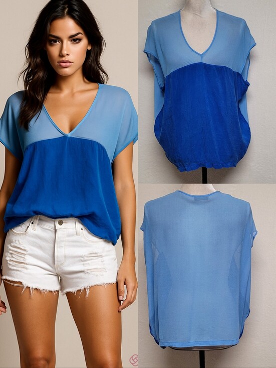 Vintage Tops - Y2K Vintage Ogle Light Blue Dark Blue Silk Colorblock Boxy Cut Cap Sleeve Blouse